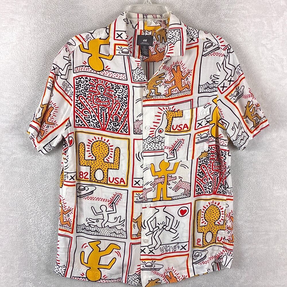 Keith Haring x H&M Camp Shirt Mens S White Yellow Pop Art Graffiti Streetwear